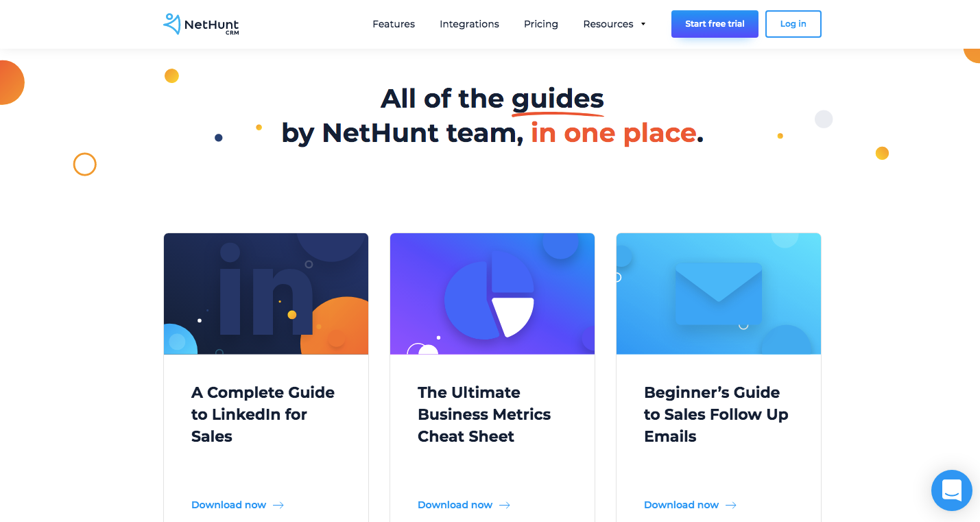 NetHunt's landing page for guides and ebooks on sales and marketing