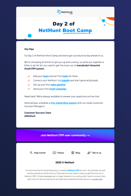 NetHunt CRM on-boarding email