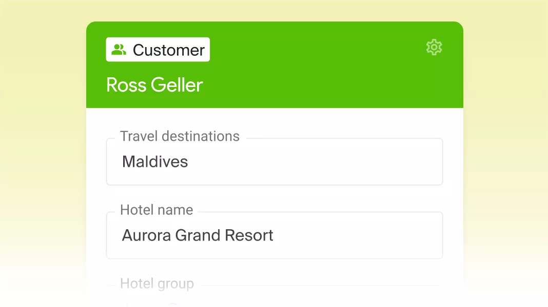 Travel agency CRM client record with destination and hotel fields