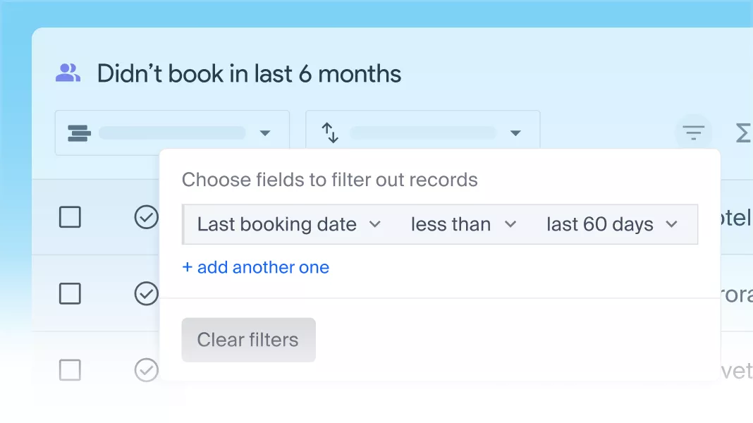 Travel CRM view of clients who haven't booked in 6 months