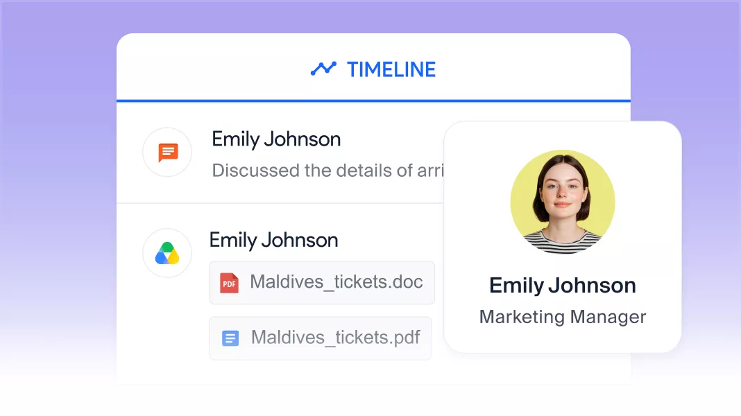 Client timeline with notes and travel documents shared across the team