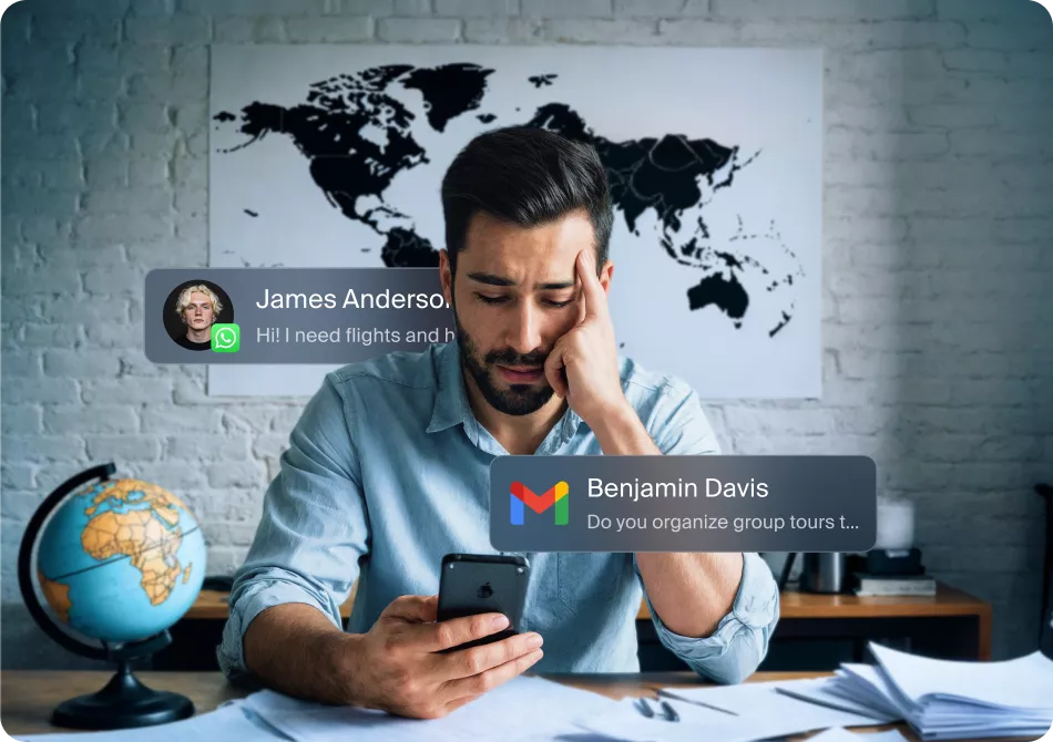 Travel agent receiving client inquiries from WhatsApp and Gmail