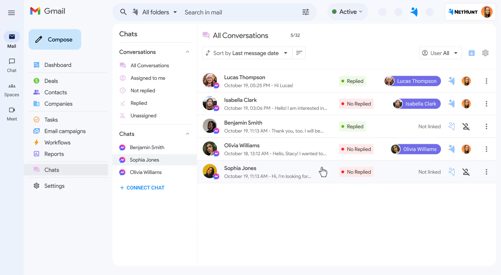 NetHunt CRM integration with Facebook Messenger screen 2