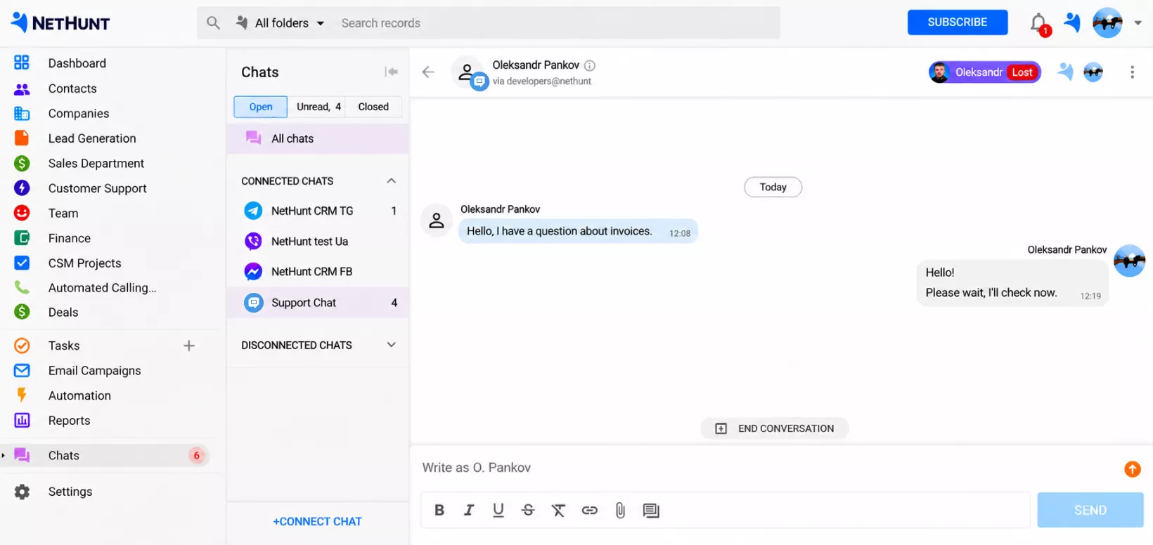 NetHunt CRM integration with HelpCrunch screen 3