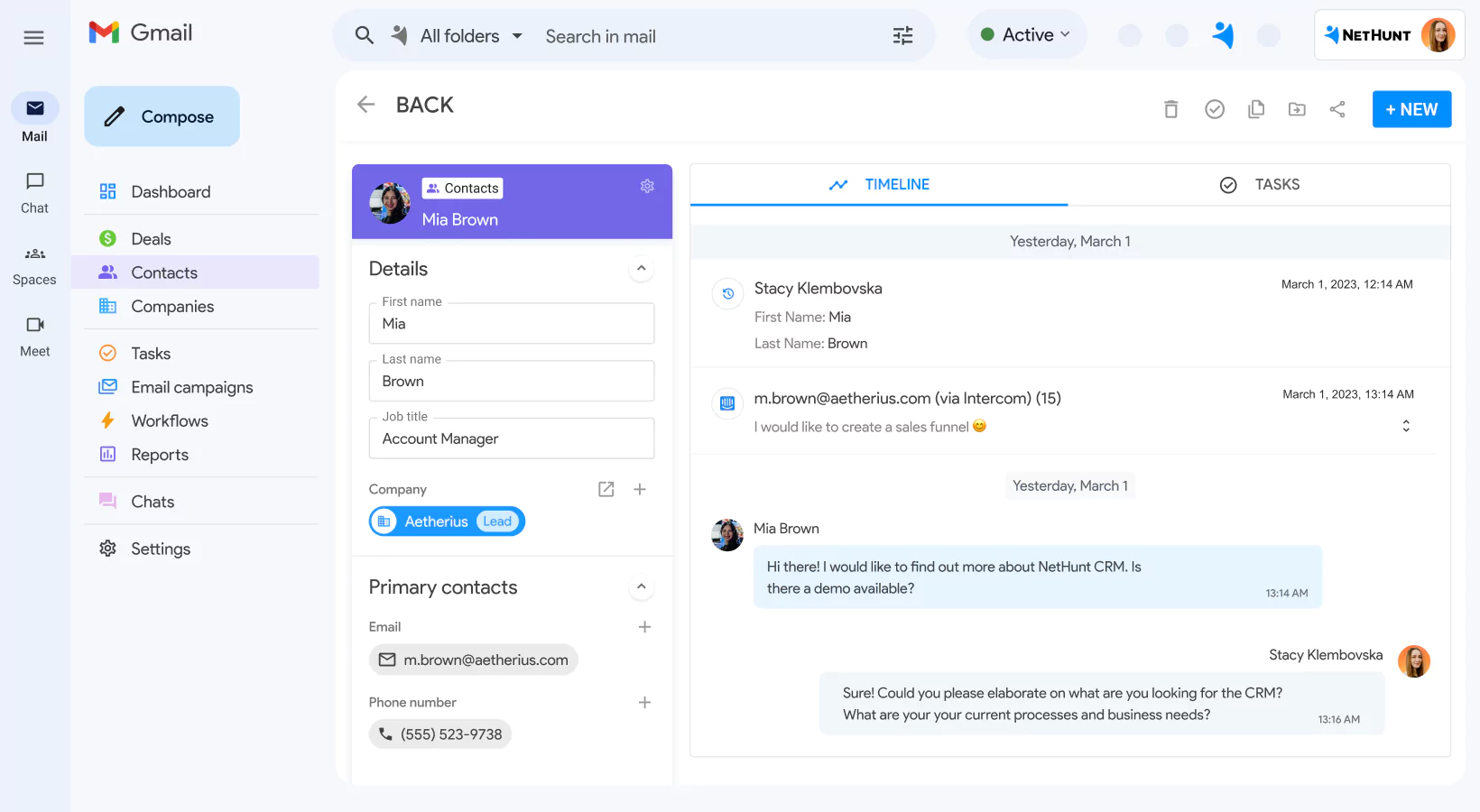 NetHunt CRM integration with Intercom screen 3