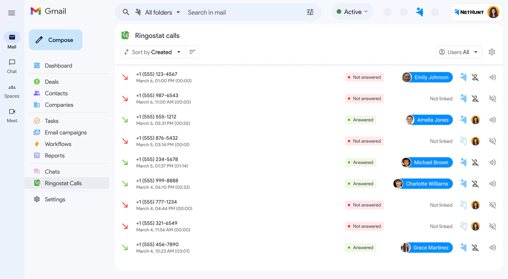 NetHunt CRM integration with Ringostat screen 1