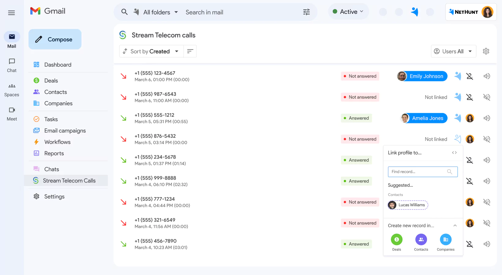 NetHunt CRM integration with Stream Telecom screen 2